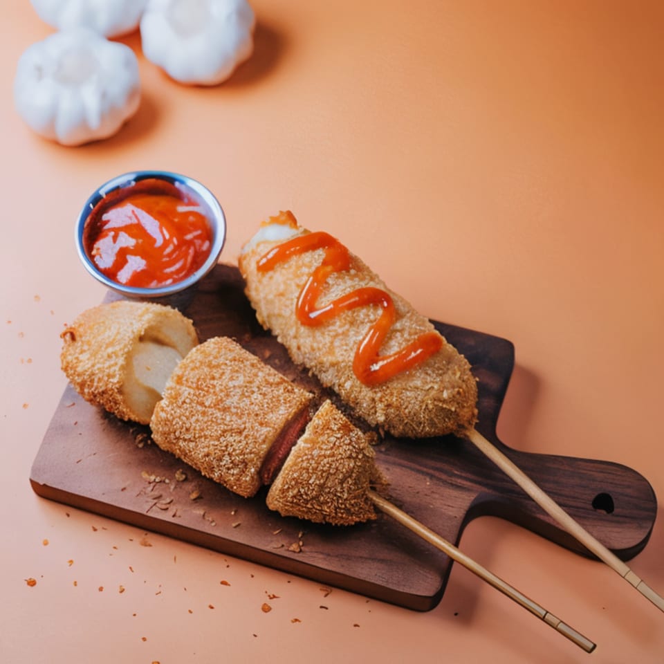 Two Korean corn dogs, one drizzled with ketchup, on a wooden board with a side of sauce.